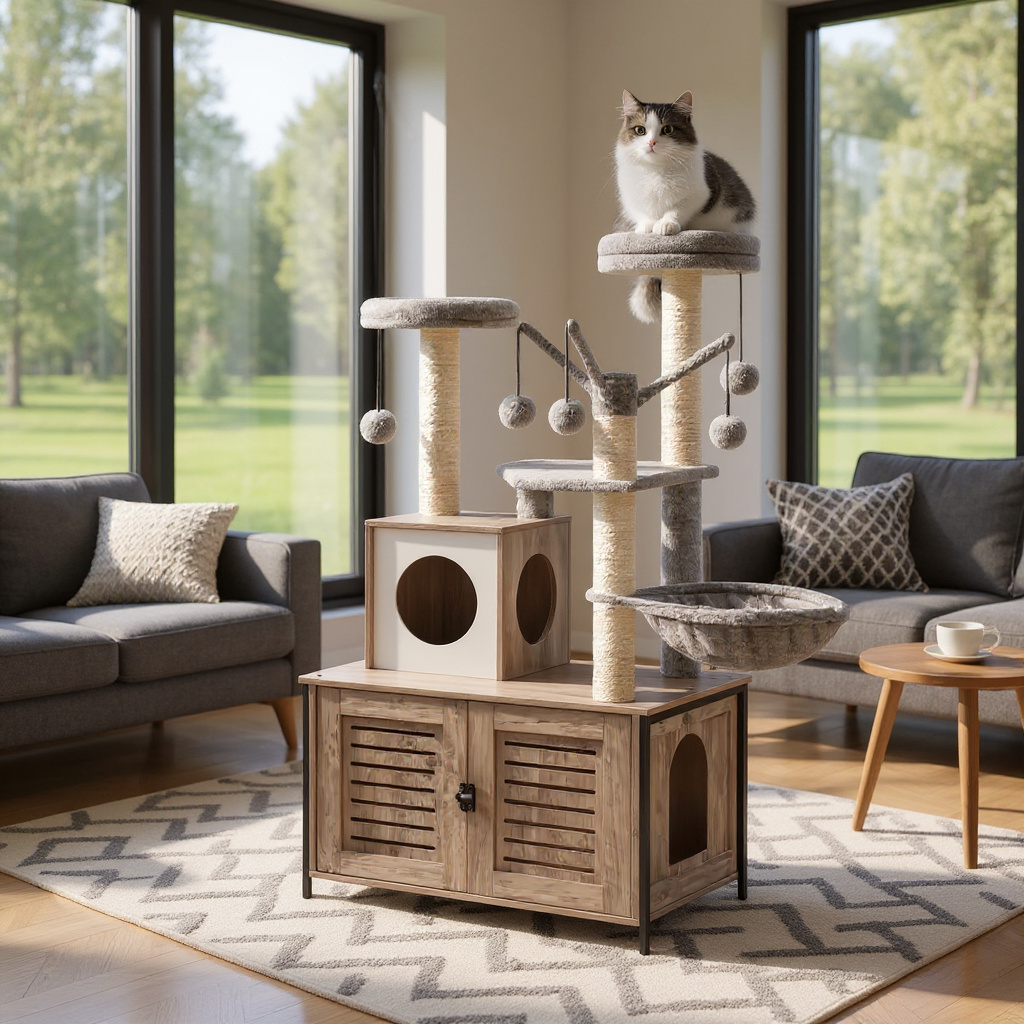 Arbre à chat d’intérieur avec meuble intégré et bacs à litière