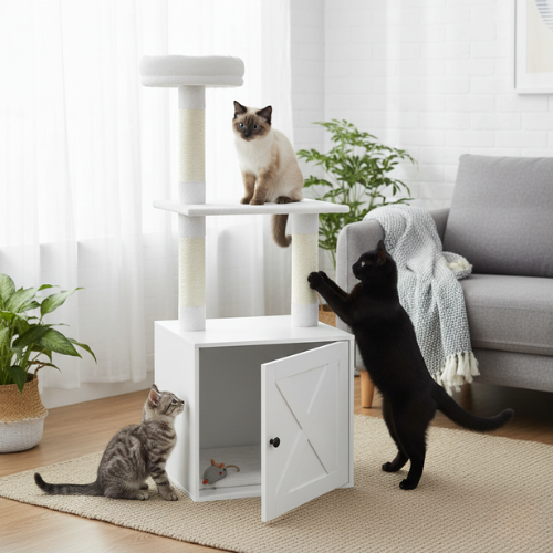 Arbre à chat avec bac à litière intégré