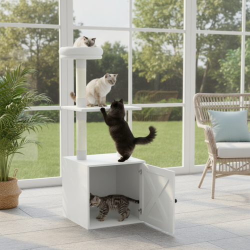 Arbre à chat avec bac à litière intégré