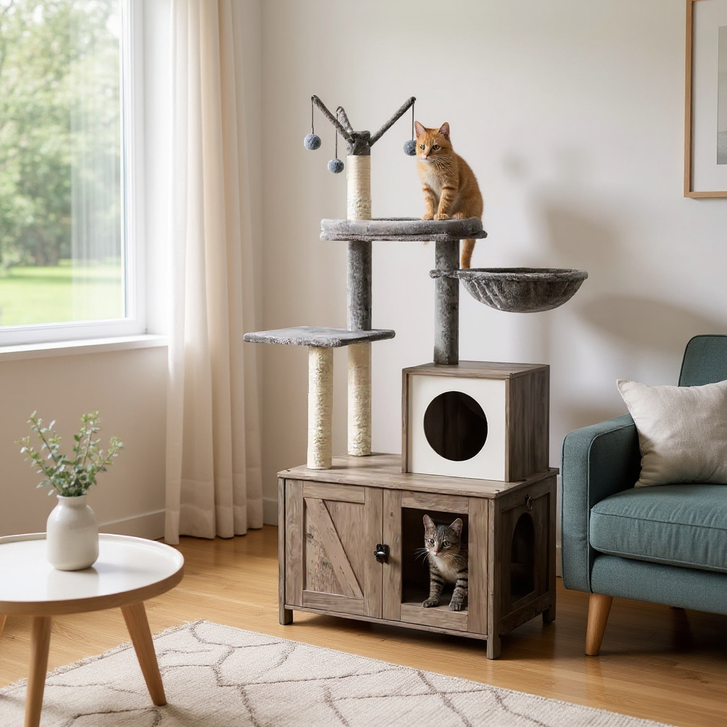 Arbre à chat d’intérieur avec meuble intégré et bacs à litière