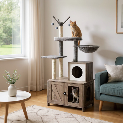 Arbre à chat d’intérieur avec meuble intégré et bacs à litière