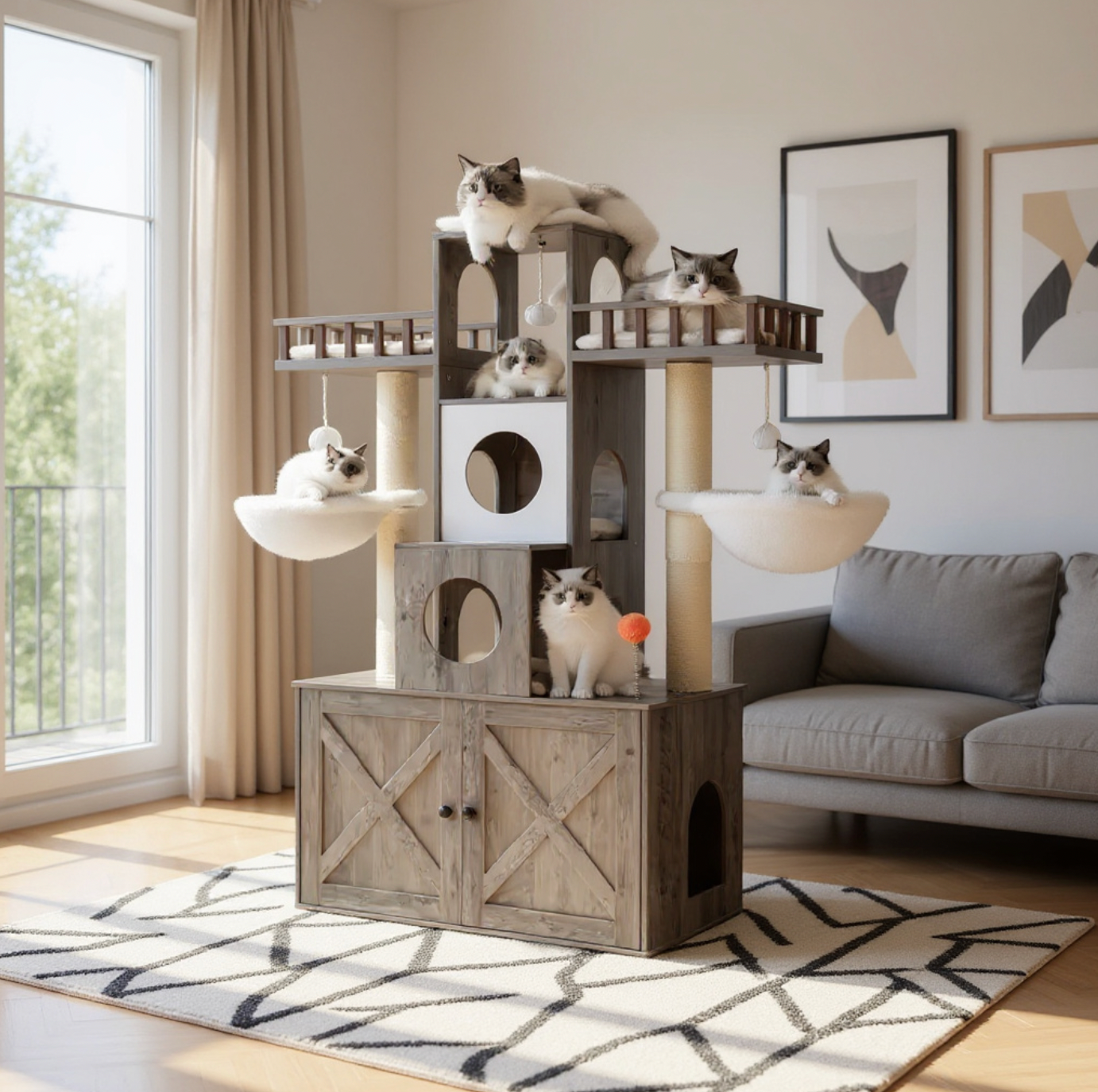 Arbre à chat d’intérieur avec meuble intégré et bacs à litière