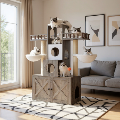 Arbre à chat d’intérieur avec meuble intégré et bacs à litière