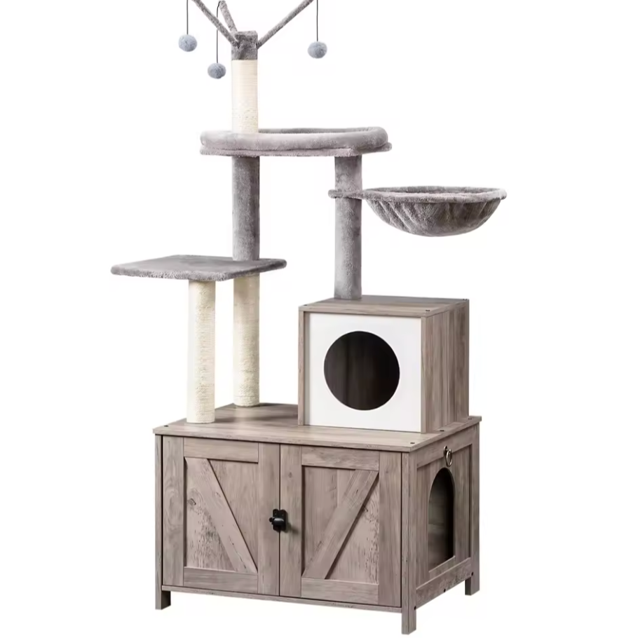 Arbre à chat d’intérieur avec meuble intégré et bacs à litière