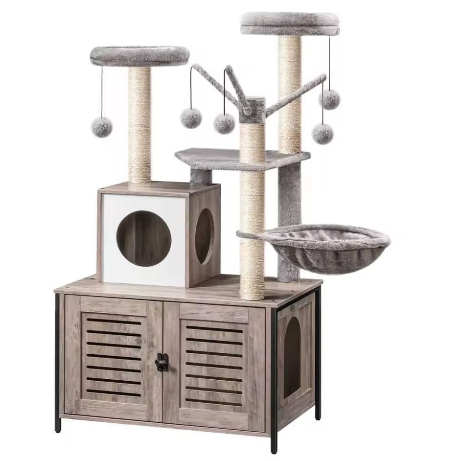 Arbre à chat d’intérieur avec meuble intégré et bacs à litière