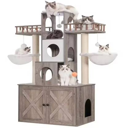 Arbre à chat d’intérieur avec meuble intégré et bacs à litière