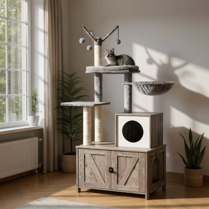 Arbre à chat d’intérieur avec meuble intégré et bacs à litière